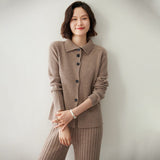 Womens Ribbed Knit Cashmere Cardigan Lapel Button - up Cashmere Coat Taupe XS