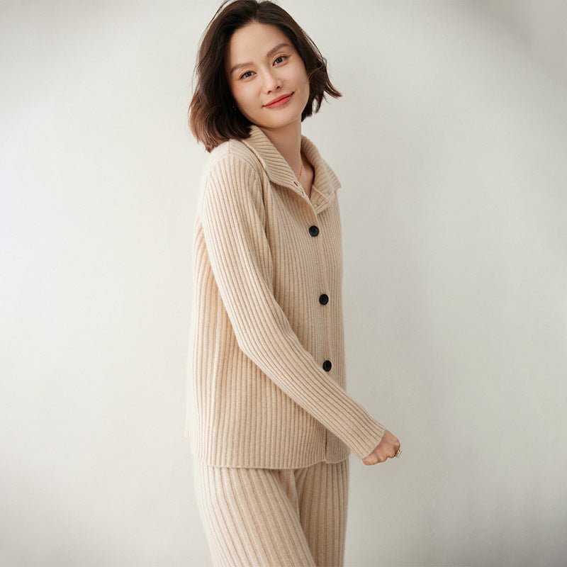 Womens Ribbed Knit Cashmere Cardigan Lapel Button - up Cashmere Coat Beige XS