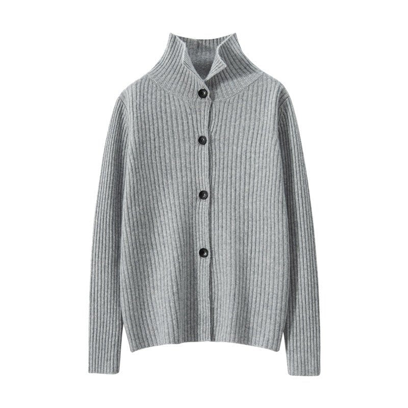 Womens Ribbed Knit Cashmere Cardigan Lapel Button - up Cashmere Coat Gray XS