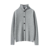 Womens Ribbed Knit Cashmere Cardigan Lapel Button - up Cashmere Coat Gray XS