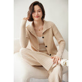 Womens Ribbed Knit Cashmere Cardigan Lapel Button - up Cashmere Coat Beige XS