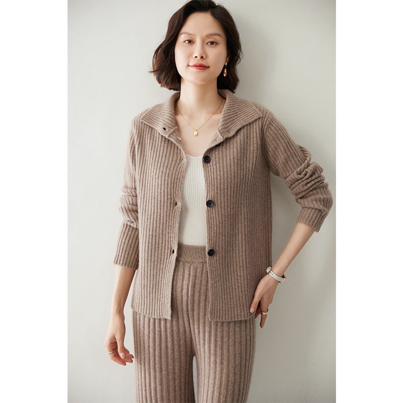 Womens Ribbed Knit Cashmere Cardigan Lapel Button - up Cashmere Coat Taupe XS