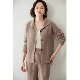 Womens Ribbed Knit Cashmere Cardigan Lapel Button - up Cashmere Coat Taupe XS