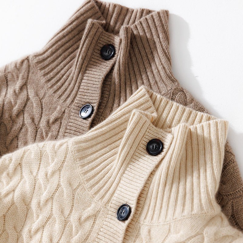 Womens Cable Knit Button Up Mock Neck Pure Cashmere Cardigan Pockets Taupe XS