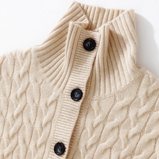 Womens Cable Knit Button Up Mock Neck Pure Cashmere Cardigan Pockets Beige XS