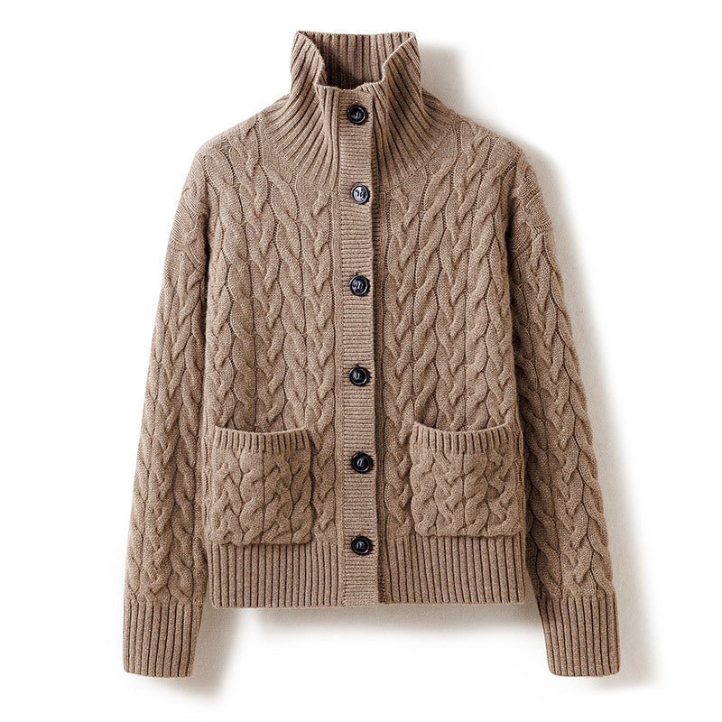 Womens Cable Knit Button Up Mock Neck Pure Cashmere Cardigan Pockets Taupe XS