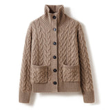 Womens Cable Knit Button Up Mock Neck Pure Cashmere Cardigan Pockets Taupe XS