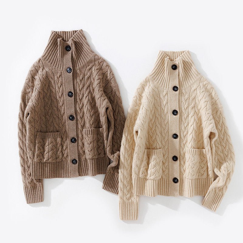 Womens Cable Knit Button Up Mock Neck Pure Cashmere Cardigan Pockets Taupe XS