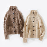 Womens Cable Knit Button Up Mock Neck Pure Cashmere Cardigan Pockets Taupe XS
