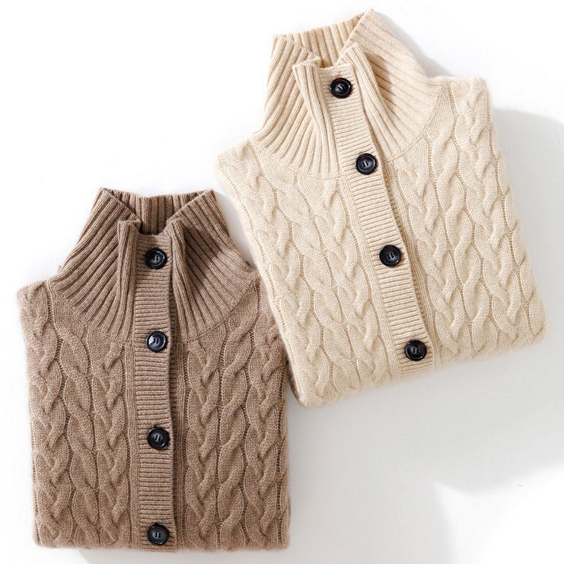Womens Cable Knit Button Up Mock Neck Pure Cashmere Cardigan Pockets Taupe XS