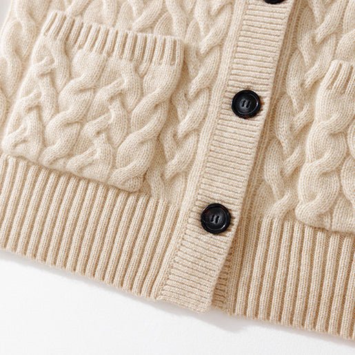 Womens Cable Knit Button Up Mock Neck Pure Cashmere Cardigan Pockets Beige XS