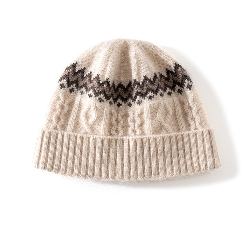 Womens Cable Knit Cashmere Hat Fair Isle Cashmere Beanie Beige M
