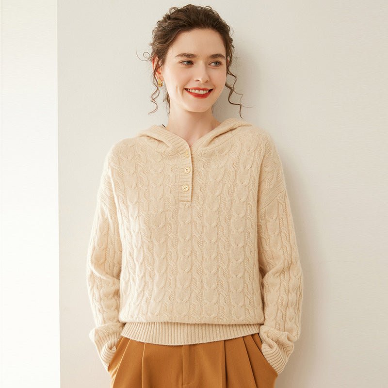 Womens Cable Knit Cashmere Hooded Cashmere Henley Sweater Beige XS