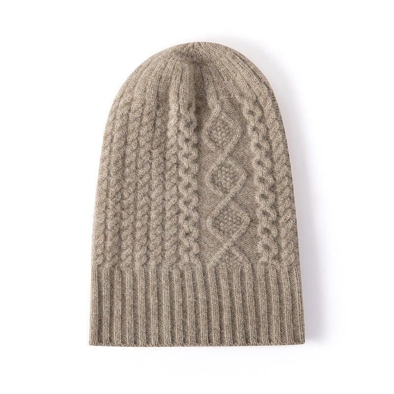Womens Cable Knit Pure Cashmere Beanie Hat with Ribbed Trim Taupe M