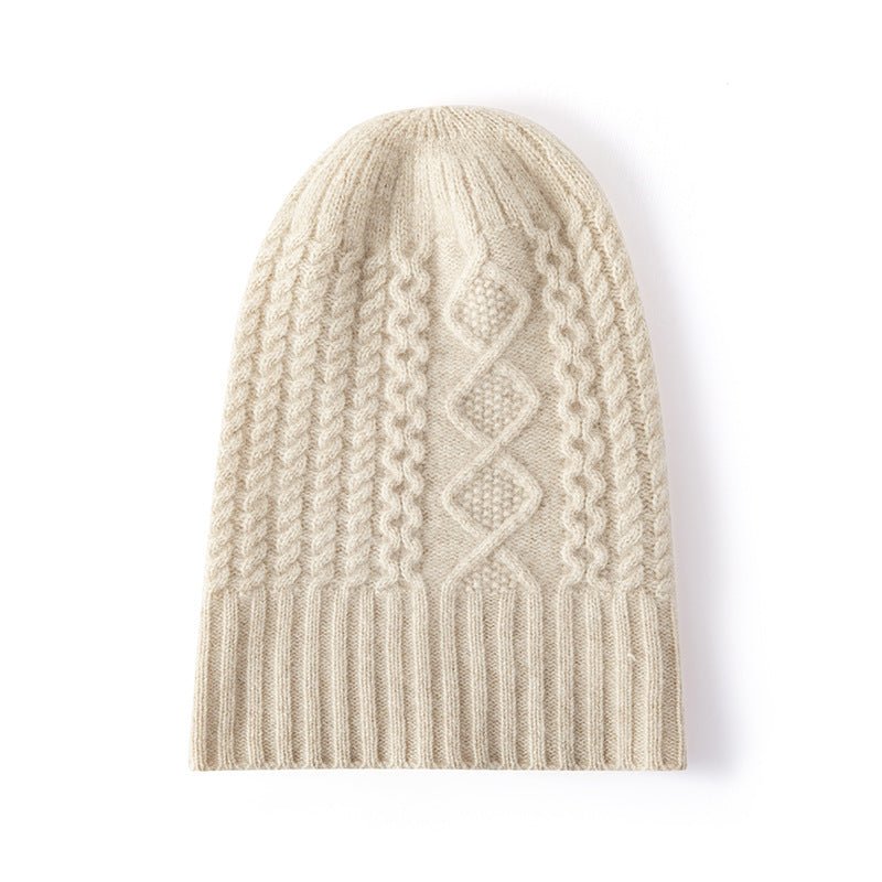 Womens Cable Knit Pure Cashmere Beanie Hat with Ribbed Trim Beige M