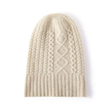 Womens Cable Knit Pure Cashmere Beanie Hat with Ribbed Trim Beige M