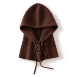 Womens Cashmere Balaclava 100% Cashmere Hooded Scarf with Adjustable Drawstring Brown M