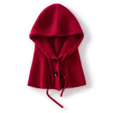 Womens Cashmere Balaclava 100% Cashmere Hooded Scarf with Adjustable Drawstring Claret M