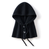 Womens Cashmere Balaclava 100% Cashmere Hooded Scarf with Adjustable Drawstring Black M