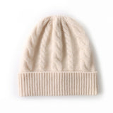 Womens Cashmere Beanie Cable Knit Cashmere Hat Ribbed Cuff Beige M