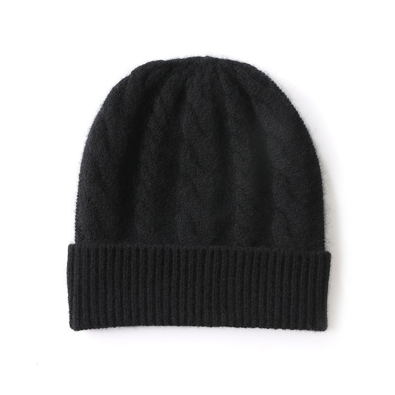 Womens Cashmere Beanie Cable Knit Cashmere Hat Ribbed Cuff Black M