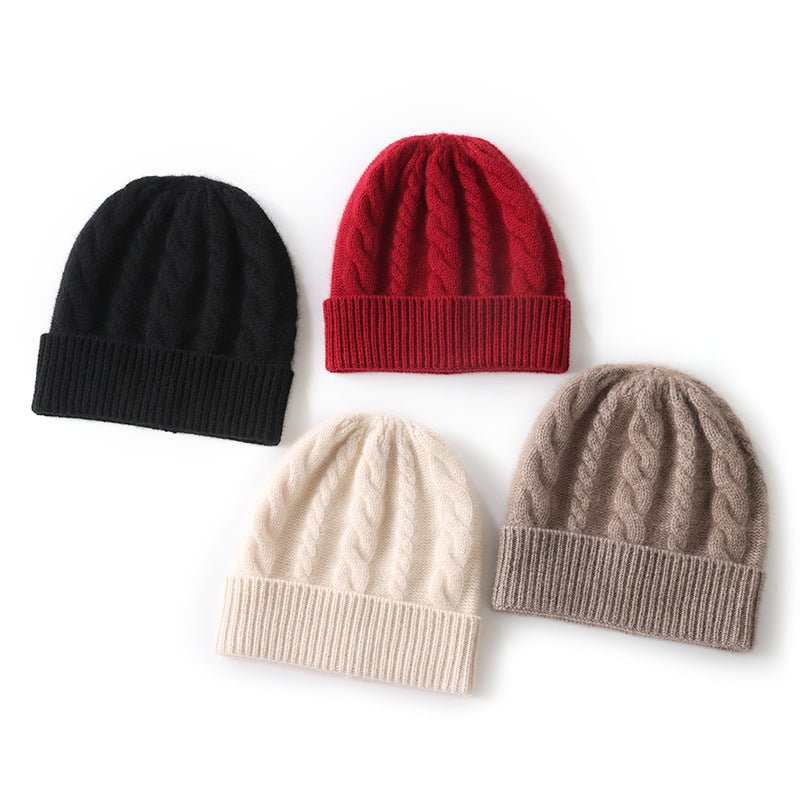 Womens Cashmere Beanie Cable Knit Cashmere Hat Ribbed Cuff Black M