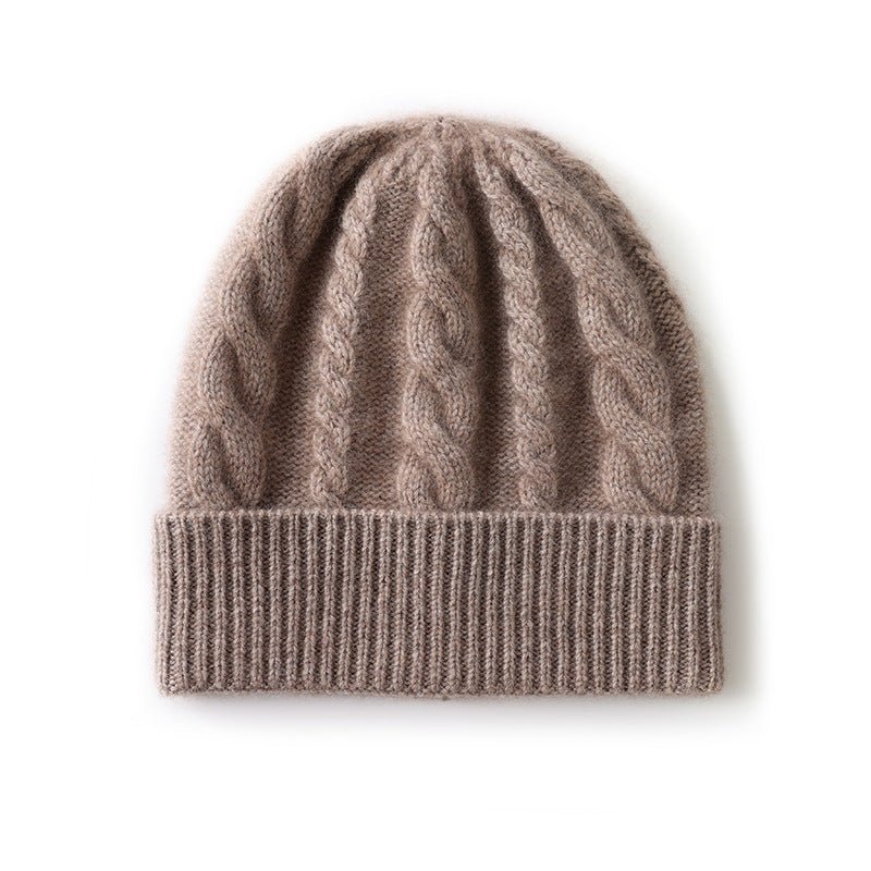 Womens Cashmere Beanie Cable Knit Cashmere Hat Ribbed Cuff Taupe M