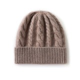 Womens Cashmere Beanie Cable Knit Cashmere Hat Ribbed Cuff Taupe M