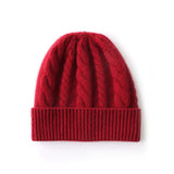 Womens Cashmere Beanie Cable Knit Cashmere Hat Ribbed Cuff Claret M