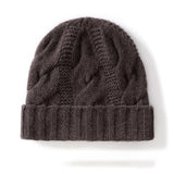 Womens Cashmere Beanie Cable Knit Cashmere Hat Ribbing Hem Coffee M
