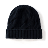 Womens Cashmere Beanie Cable Knit Cashmere Hat Ribbing Hem Black M