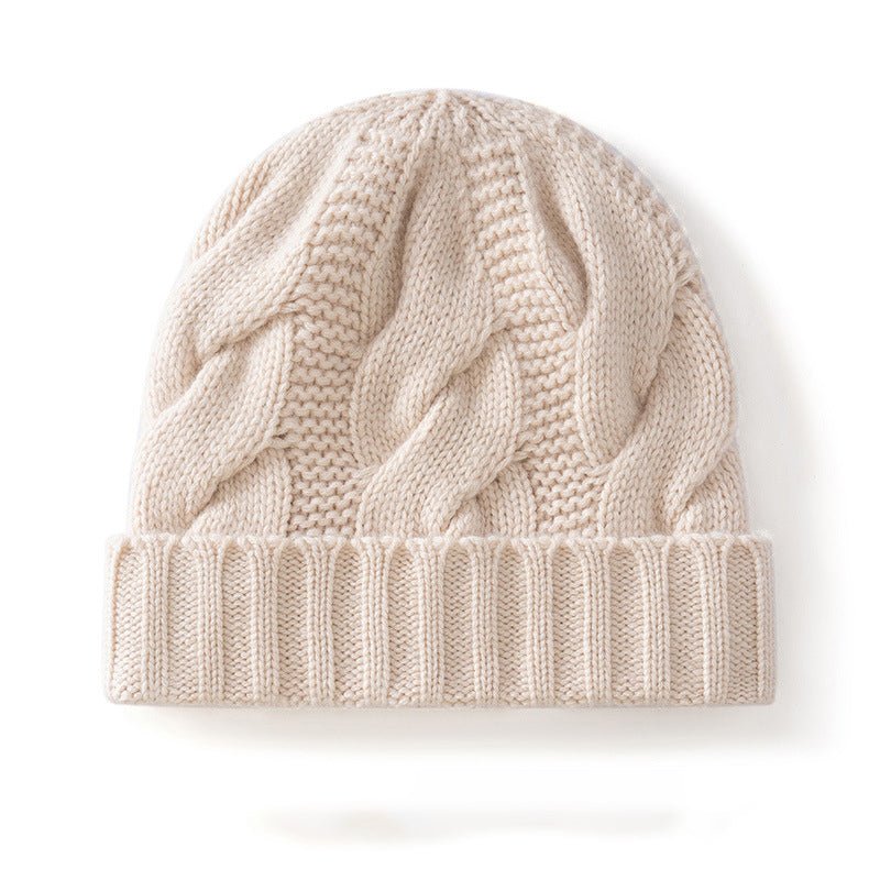 Womens Cashmere Beanie Cable Knit Cashmere Hat Ribbing Hem Beige M