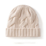 Womens Cashmere Beanie Cable Knit Cashmere Hat Ribbing Hem Beige M