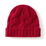Womens Cashmere Beanie Cable Knit Cashmere Hat Ribbing Hem Claret M