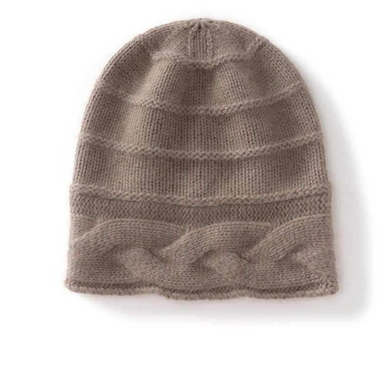 Womens Cashmere Beanie Cap with Cable Accents Cold Weather Cashmere Hat Taupe M
