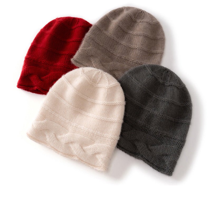 Womens Cashmere Beanie Cap with Cable Accents Cold Weather Cashmere Hat Claret M