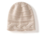 Womens Cashmere Beanie Cap with Cable Accents Cold Weather Cashmere Hat Beige M