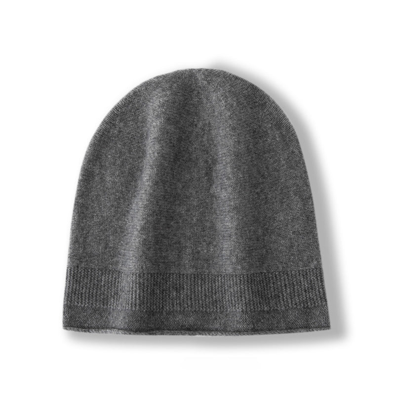 Pure Cashmere Beanie Hat Rib Knitted Hat With Curl Edge Head Warmer Gray M
