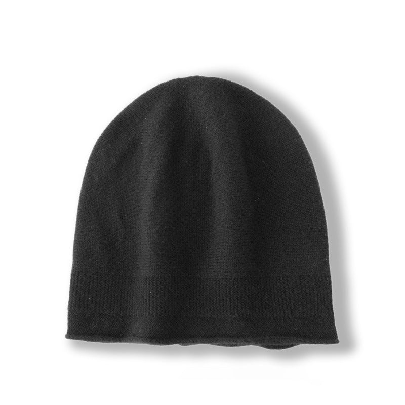 Pure Cashmere Beanie Hat Rib Knitted Hat With Curl Edge Head Warmer Black M
