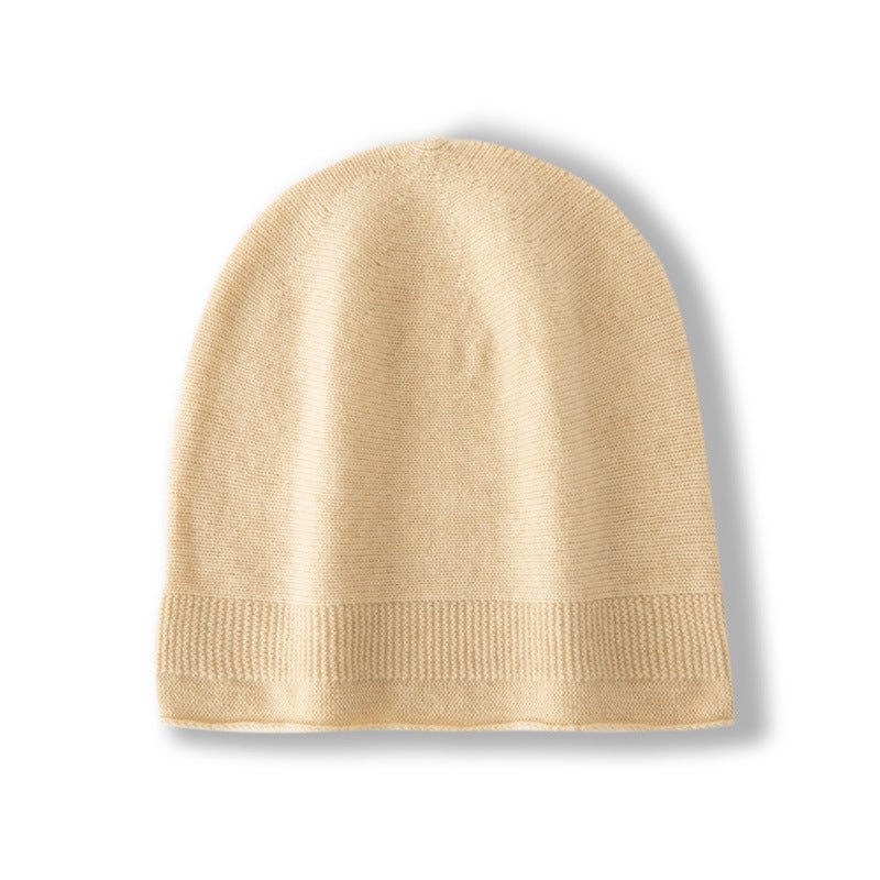 Pure Cashmere Beanie Hat Rib Knitted Hat With Curl Edge Head Warmer Beige M