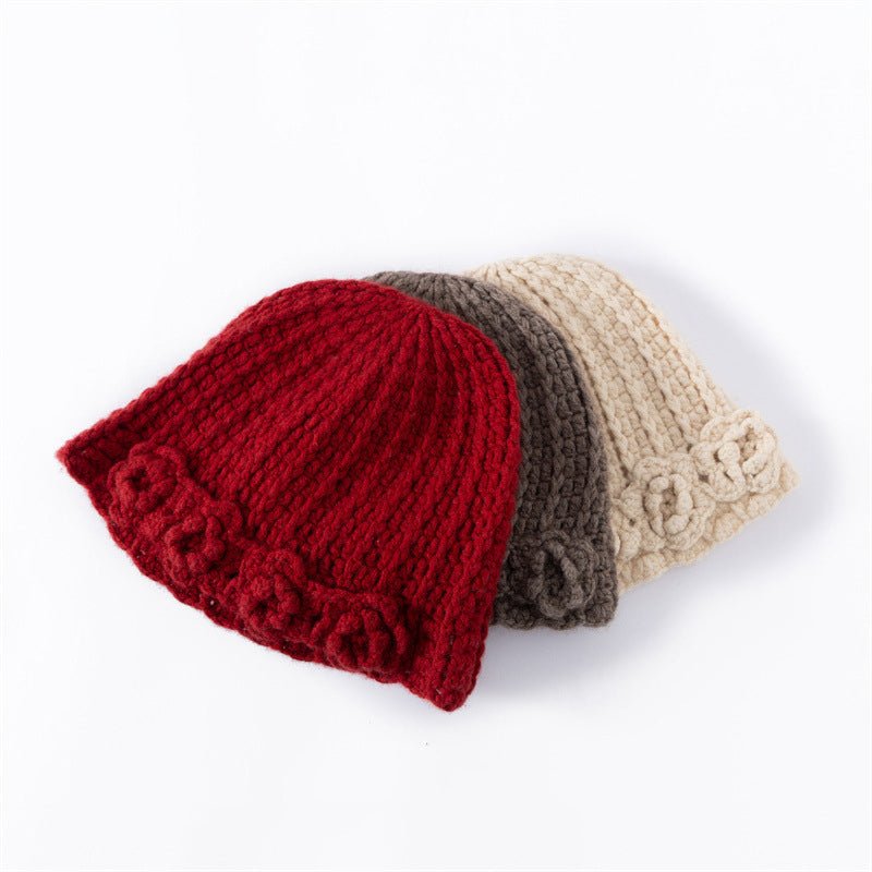 Womens Cashmere Beanie Textured Ribbed Cashmere Bucket Hat with Floral Trim Claret M
