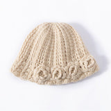 Womens Cashmere Beanie Textured Ribbed Cashmere Bucket Hat with Floral Trim Beige M