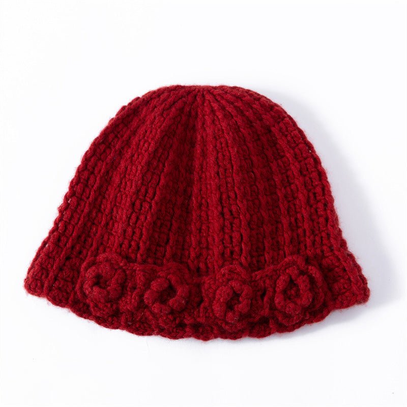 Womens Cashmere Beanie Textured Ribbed Cashmere Bucket Hat with Floral Trim Claret M