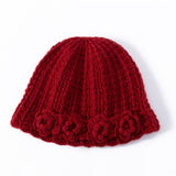 Womens Cashmere Beanie Textured Ribbed Cashmere Bucket Hat with Floral Trim Claret M