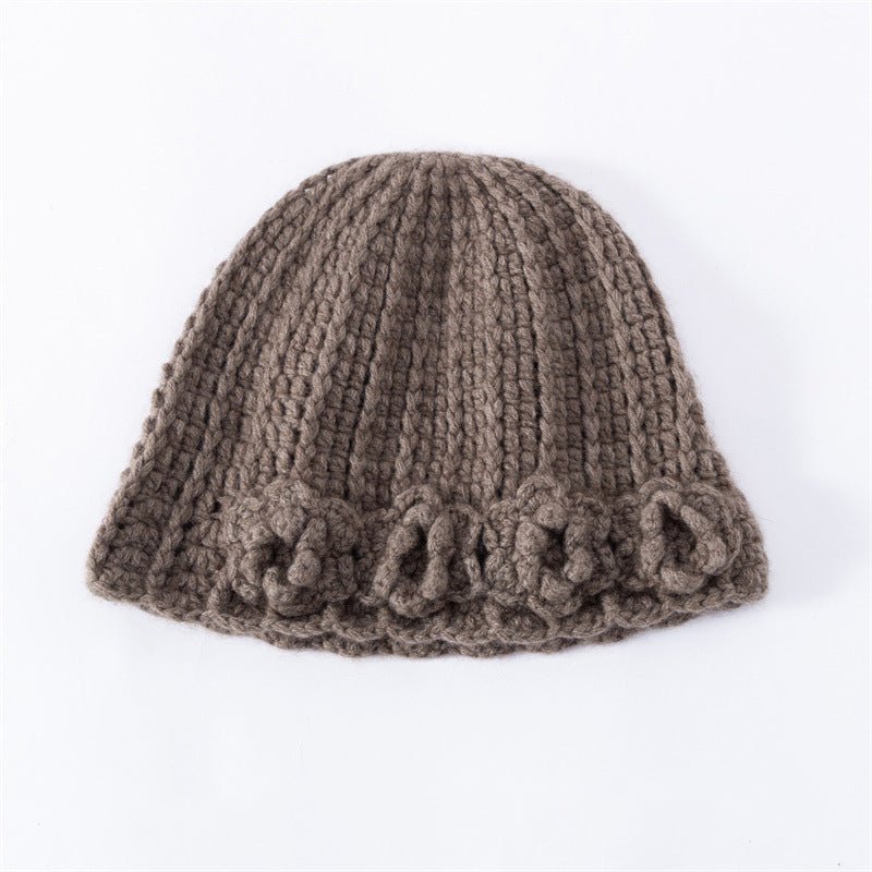 Womens Cashmere Beanie Textured Ribbed Cashmere Bucket Hat with Floral Trim Taupe M