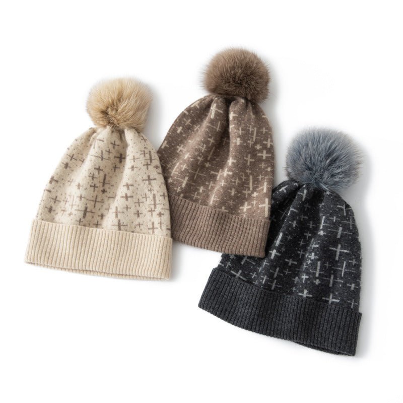 Womens Cashmere Beanie with Fur Pom Patterned Cashmere Hat Ribbed Hem Dark Grey M