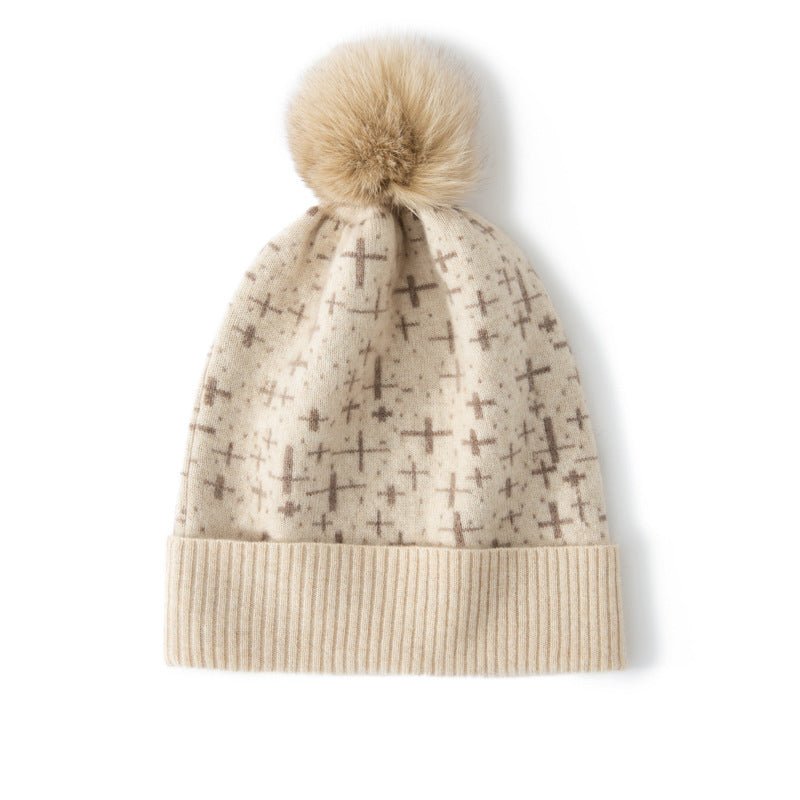 Womens Cashmere Beanie with Fur Pom Patterned Cashmere Hat Ribbed Hem Beige M