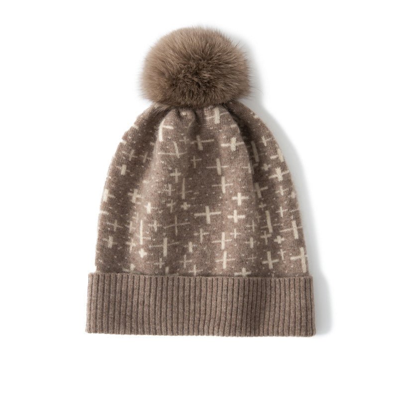 Womens Cashmere Beanie with Fur Pom Patterned Cashmere Hat Ribbed Hem Taupe M