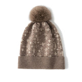 Womens Cashmere Beanie with Fur Pom Patterned Cashmere Hat Ribbed Hem Taupe M