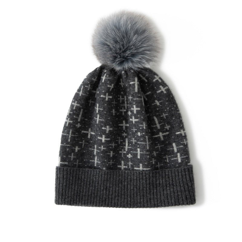 Womens Cashmere Beanie with Fur Pom Patterned Cashmere Hat Ribbed Hem Dark Grey M